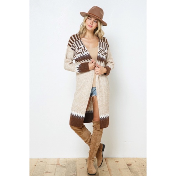 Taupe & Brown Aztec Tribal Western Boho Long Open Knit Cardigan Casual Sweater - Picture 3 of 8